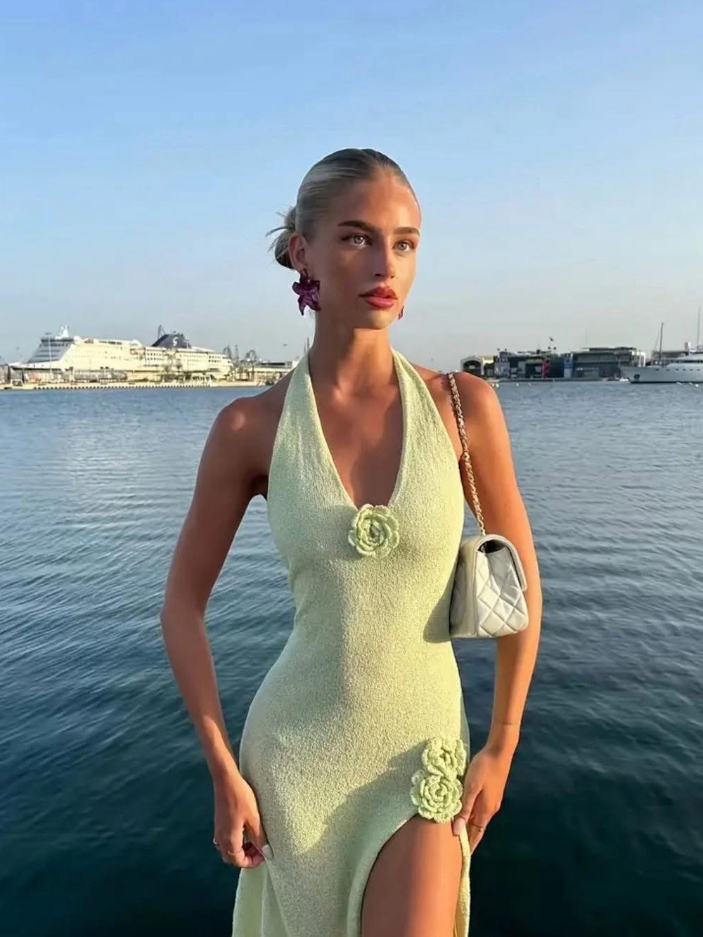 Amazon Halter Maxi Dress in Light Green with Floral Appliqués